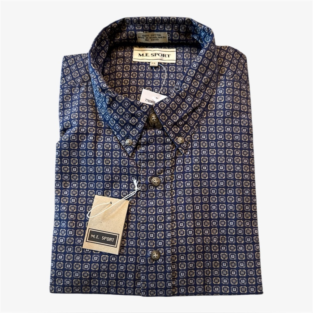 ME Sport Men’s Navy Blue And Khaki Button Up Shirt 100% Cotton XL New